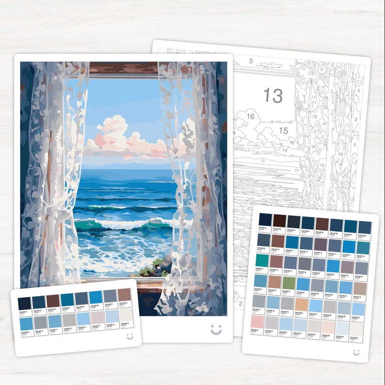 ocean view window scenery beach waves blue sky nature interior seaside curtains landscape serene
