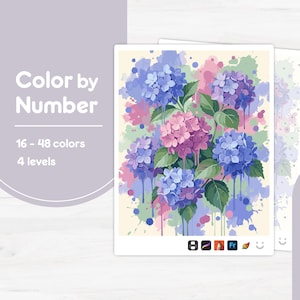 May include: A Color by Number activity sheet featuring a watercolor-style illustration of blue, purple, and pink hydrangea flowers with green leaves. The text reads Color by Number, 16 - 48 colors, and 4 levels, with small icons at the bottom.