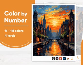 City Sunset Reflection - Color by Number - Digital & Printable - 4 Levels