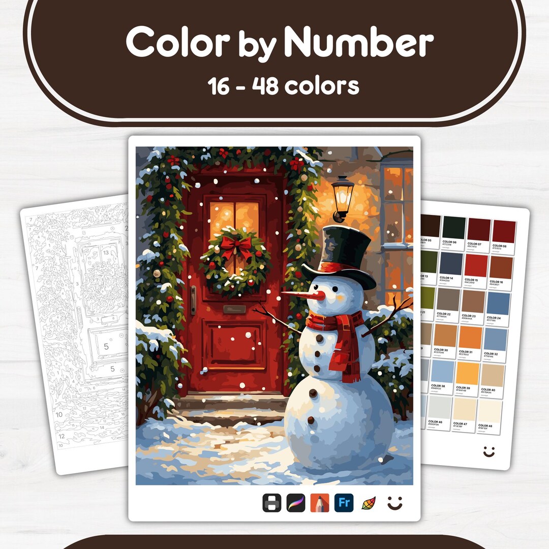 Snowman by Door - Color by Number - Digital & Printable - 4 Levels - Etsy