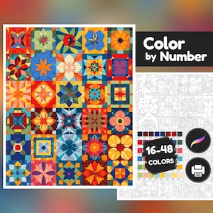 May include: A vibrant, geometric floral pattern in a patchwork style, featuring a range of colours such as red, orange, blue, and yellow. The image also includes a "Color by Number" kit with 16-48 colours.