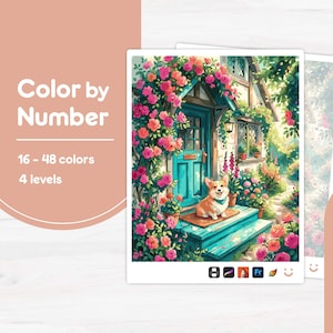 Corgi on Front Porch - Color by Number - Digital & Printable - 4 Levels