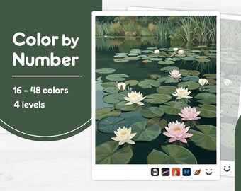 Water Lily Pond - Color by Number - Digital & Printable - 4 Levels