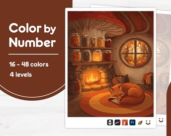 Sleeping Fox Indoors - Color by Number - Digital & Printable - 4 Levels