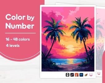 Tropical Sunset Scene - Color by Number - Digital & Printable - 4 Levels