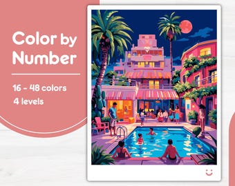 Vibrant Pool Party Scene Color by Number PBN for Procreate, Sketchbook, Prints, Easy/Advanced, Kid/Adult