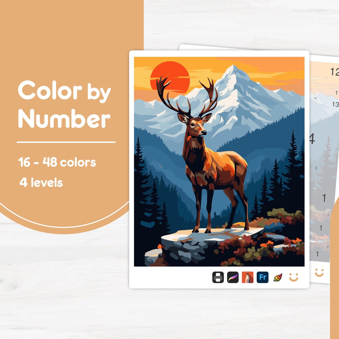Color Buck Numbers Deer in the Mountains - Color by Number - Digital & Printable - 4 ...