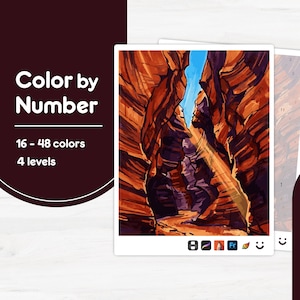 Puede incluir: Un kit de pintura por números con un paisaje de cañón en tonos naranja, marrón y azul. El kit incluye de 16 a 48 colores y 4 niveles. Las palabras "Color by Number" se muestran en texto blanco sobre un fondo burdeos oscuro.