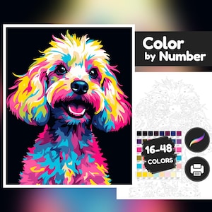 Colorful Happy Dog Advanced Color by Number, Paint by Number, Procreate, Sketchbook, Printable, Digital Download, Adult, Preschool