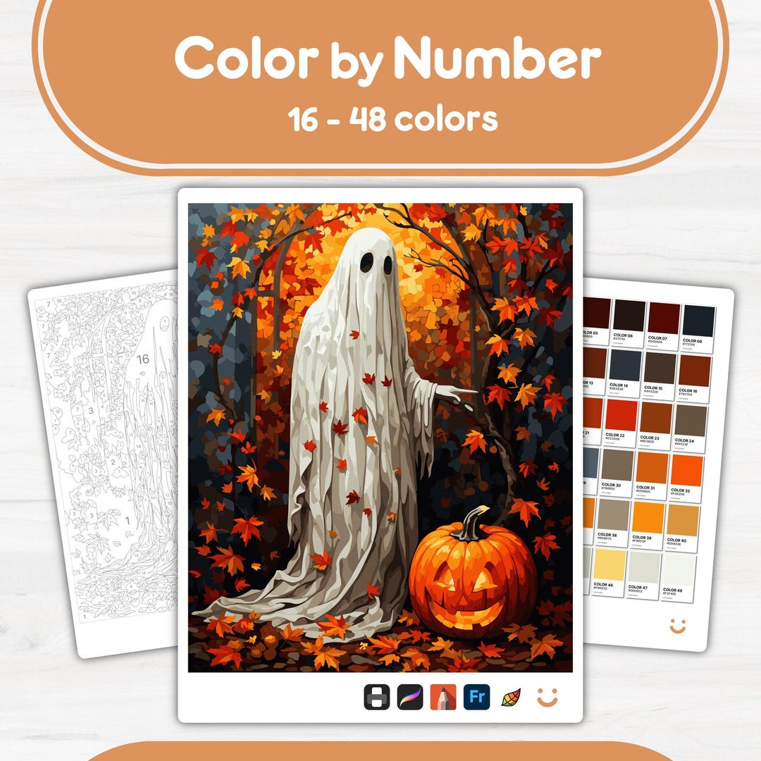 Ghost With Pumpkin - Color by Number - Digital & Printable - 4 Levels ...