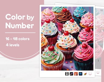 Kleurrijke cupcakes - kleuren op nummer - digitaal en afdrukbaar - 4 niveaus
