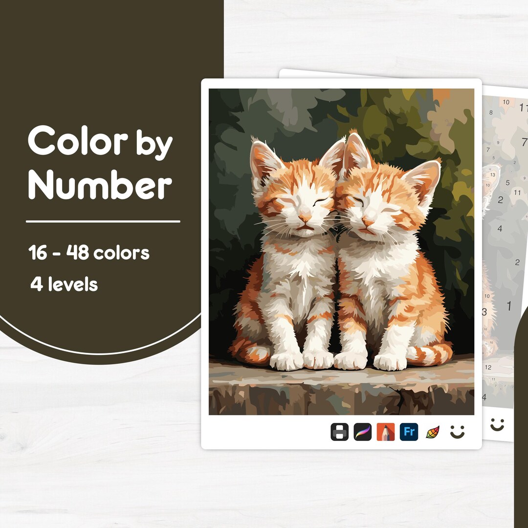Two Cute Kittens - Color by Number - Digital & Printable - 4 Levels - Etsy