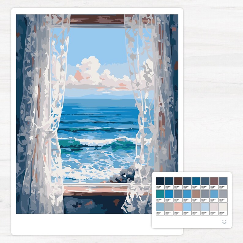 ocean view window scenery beach waves blue sky nature interior seaside curtains landscape serene