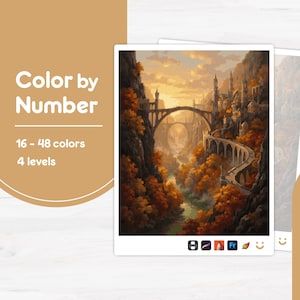 Pode incluir: Um kit de pintar por números com uma paisagem de fantasia, pontes de pedra, um castelo e árvores de outono sob um céu dourado. O texto diz Color by Number, 16 - 48 colors, 4 levels. Ícones pequenos incluem paleta, pincel e uma folha.
