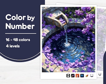 Water Fountain with Flowers - Color by Number - Digital & Printable - 4 Levels