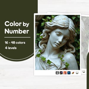 以下が含まれることがあります： ツタのある女性の古典的な彫刻が特徴の、数字でペイントするキット。キットには16〜48色と4つのレベルが含まれています。「Color by Number」という言葉は、濃い緑色の背景に白い文字で表示されています。
