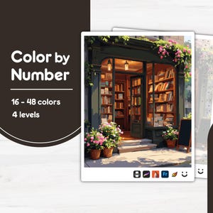 May include: Color by Number kit featuring a detailed illustration of a bookstore exterior. The image shows a shop with glass windows, filled with books, and adorned with flowers. The kit offers 16-48 colors and 4 levels of difficulty.