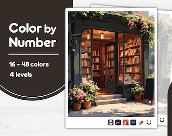 Charming Bookstore Front Color by Number PBN for Procreate, Sketchbook, Prints, Easy/Advanced, Kid/Adult