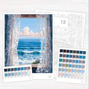 ocean view window scenery beach waves blue sky nature interior seaside curtains landscape serene