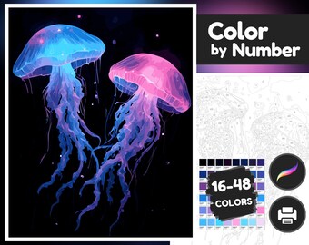 Glowing Jellyfish Advanced Color by Number, Adult Paint by Number, Procreate, Sketchbook, Printable, Digital Download, Preschool