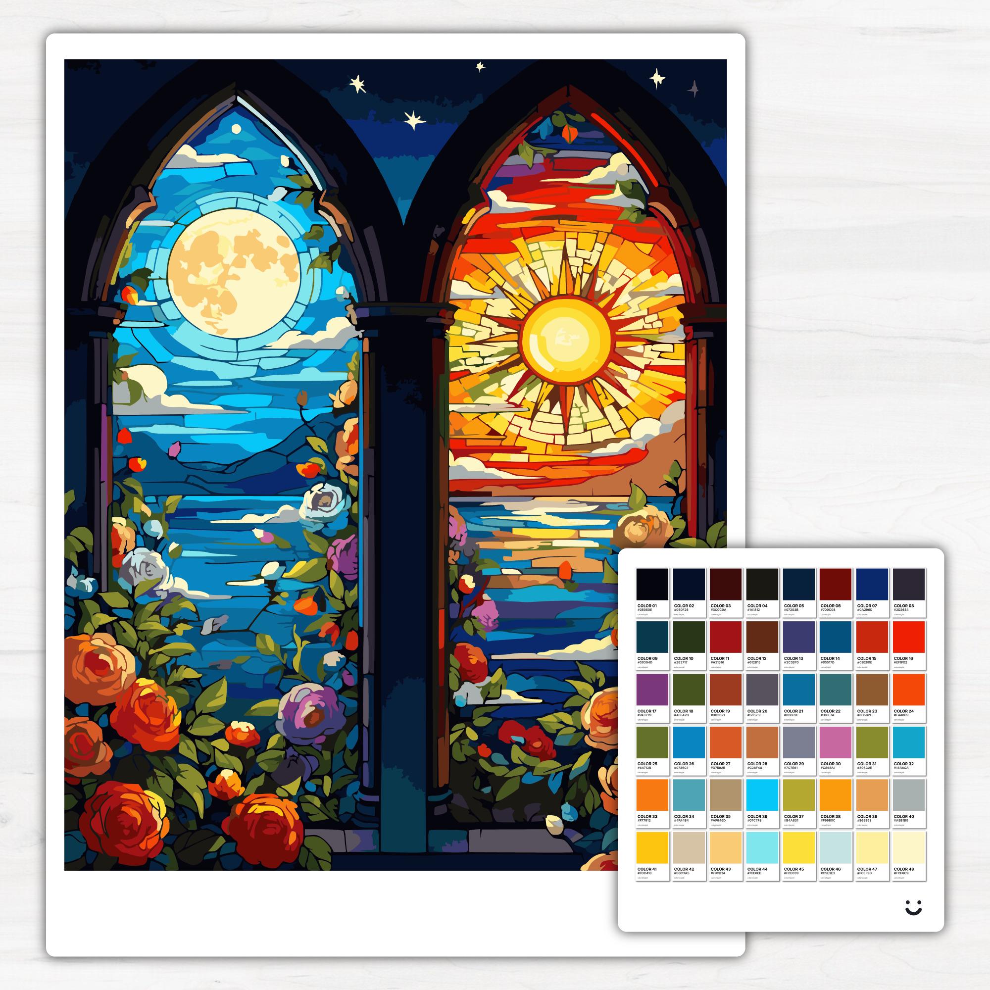 ステンドグラスの日の出と月光 数字で色を塗る PBN（プロクリエイト