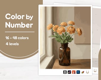 Flowers in Brown Vase - Color by Number - Digital & Printable - 4 Levels