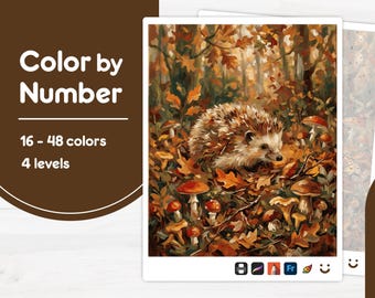 Hedgehog in Leaves - Color by Number - Digital & Printable - 4 Levels