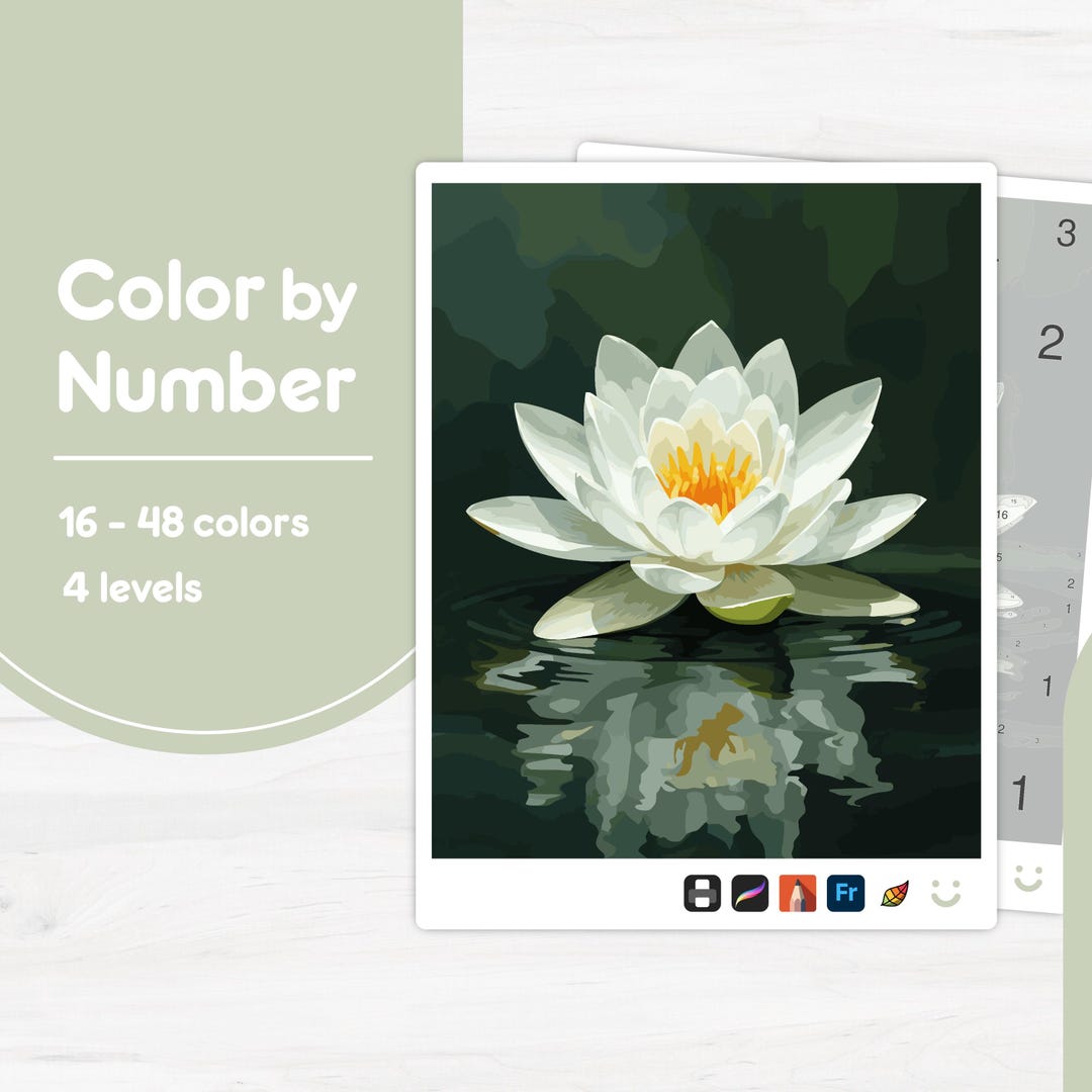Water Lily Blossom - Color by Number - Digital & Printable - 4 Levels ...