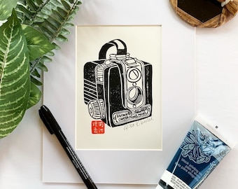 Vintage Camera / Brownie Hawkeye / Block Print / Black / 8” x 10”