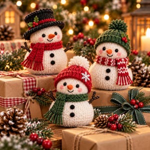 Könnte beinhalten: Drei kleine, handgestrickte Schneemann-Figuren mit orangen Nasen, schwarzen Knopfaugen und rosigen Wangen. Jeder Schneemann trägt eine andersfarbige Strickmütze und einen Schal in Rot, Grün oder Schwarz sowie kleine Äste als Arme.