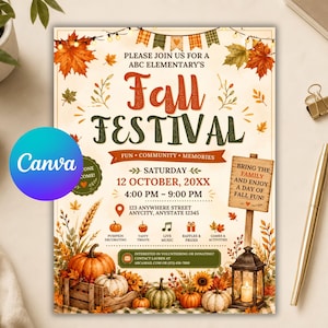 Può includere: Un volantino per una festa d'autunno della scuola ABC con foglie, zucche e una lanterna. Il testo recita: Please join us for a Fall Festival, Saturday 12 October, 20XX, 4:00 PM - 9:00 PM, 123 Anywhere Street, Anycity, Anystate 12345.