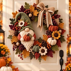 Puede incluir: Una corona de otoño circular con un gnomo de ganchillo con gorro verde y barba blanca que sostiene una pequeña calabaza. La corona está decorada con hojas de arce de ganchillo en naranja, amarillo y burdeos, piñas, bayas y un gran lazo beige.