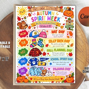 May include: A flyer for Maple Grove Elementary Autumn Spirit Week, October 6-10, featuring daily themes: Hat Day, Silly Sock Day, Fall Flannel Day, School Spirit Day, and Pajama Day. The design includes colorful illustrations of pumpkins, a squirrel, and clothing items.