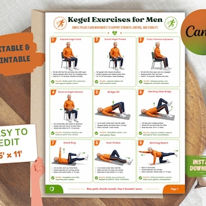 Könnte beinhalten: Ein Übungsblatt mit dem Titel Kegel Exercises for Men, das neun nummerierte Illustrationen einer Person in einem orangefarbenen Hemd bei Beckenbodenübungen zeigt. Das Dokument enthält Anleitungen, Vorteile und Maße von 21,6 cm mal 27,9 cm.
