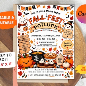 May include: A Fall Fest Potluck invitation flyer featuring cartoon ghosts, pumpkins, a cauldron, and autumn leaves. The text includes event details for October 16, 2026, at Sunshine Academy, with sections for food categories and RSVP information.