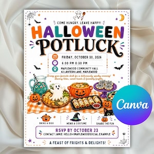 Könnte beinhalten: Ein Halloween-Potluck-Einladungsflyer mit buntem Text, einem Geist, einer kürbisförmigen Schüssel, in Teig gewickelten Würstchen und einem Krug mit Augäpfeln. Der Flyer enthält Veranstaltungsdetails für den 30. Oktober 2026 und RSVP-Anweisungen.