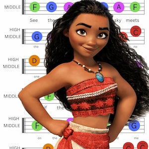 May include: A colorful guitar chord chart with the lyrics to the song "How Far I'll Go" from the movie Moana. The chart features a cartoon image of Moana, a Polynesian princess, with brown hair and a red top. The chords are written in a colorful font and the lyrics are in black.