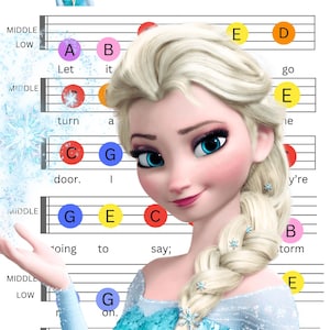 May include: A colorful guitar chord chart featuring the song "Let it Go" from the movie Frozen. The chart shows the chords for each line of the song, with the chords labeled with letters and colors. The image also features a picture of Elsa from Frozen.