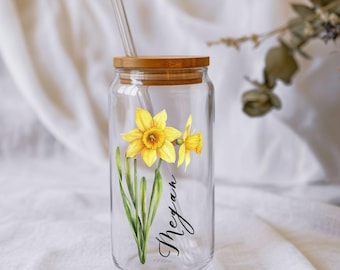 Personalized glass Coffee Cup birth flower personalized gift for Bridesmaid Proposal, Gift for her, Bridal Party Gift Glass Iced Coffee Cup