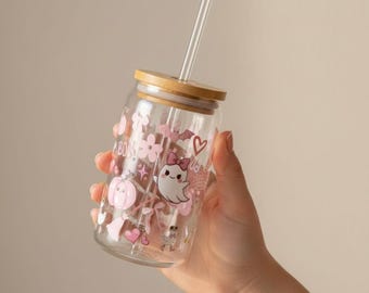 Cute glass coffee cup Spooky Goose Halloween Tumbler, Cute Ghost glass Cup with Lid Gift fall cup