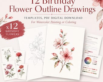 12 dibujos de contornos de flores de cumpleaños, plantillas, descarga digital en PDF para pintar con acuarelas o colorear.