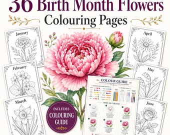 Imágenes prediseñadas de flores de cumpleaños / Paquete de 36 flores / Páginas para colorear de flores del mes de nacimiento / Dibujos de contorno de flores / Descarga digital de acuarelas