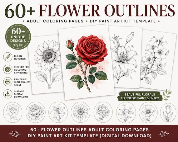 60+ Flower Outline Coloring Pages Bundle, Floral Coloring PNGs, Botanical Line Art Printable, Adult Coloring Book, Watercolor Paint Template