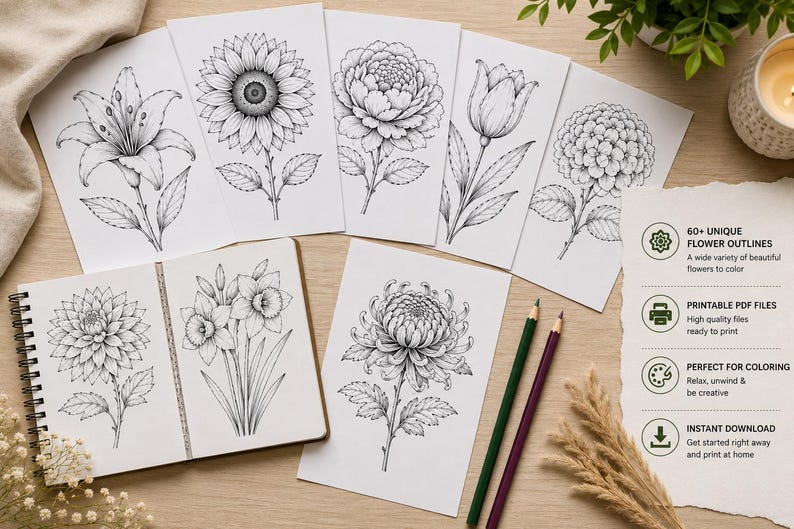 Puede incluir: Una colecci&oacute;n de dibujos de contornos de flores en blanco y negro, incluyendo un girasol y un tulip&aacute;n, sobre papel blanco. Tambi&eacute;n hay un cuaderno de espiral y l&aacute;pices de colores. El texto dice "60+ UNIQUE FLOWER OUTLINES".