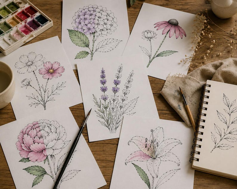 Puede incluir: Impresiones art&iacute;sticas florales en acuarela con varias flores, como una peon&iacute;a, lavanda y lirio. Las impresiones est&aacute;n sobre papel blanco, con pinturas de acuarela y un cuaderno de bocetos cerca. La paleta de colores incluye rosa, morado y verde.
