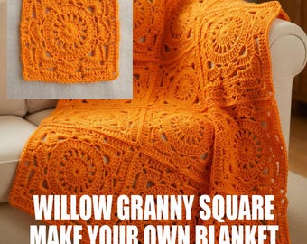 Patrón de ganchillo cuadrado Willow Grandma: Motivo cuadrado Willow para manta afgana en PDF, paso a paso.