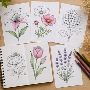 Puede incluir: Una colecci&oacute;n de l&aacute;minas de arte floral y un cuaderno de bocetos con l&aacute;pices de colores. Las l&aacute;minas presentan ilustraciones detalladas de varias flores, incluyendo un lirio, cosmos, hortensia, peon&iacute;a, tulip&aacute;n y lavanda, con acentos de acuarela.