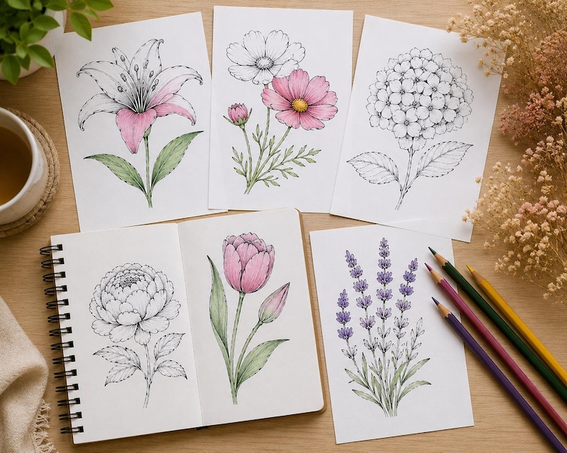 Puede incluir: Una colecci&oacute;n de l&aacute;minas de arte floral y un cuaderno de bocetos con l&aacute;pices de colores. Las l&aacute;minas presentan ilustraciones detalladas de varias flores, incluyendo un lirio, cosmos, hortensia, peon&iacute;a, tulip&aacute;n y lavanda, con acentos de acuarela.