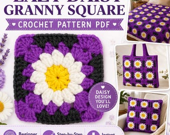 Lazy Daisy Granny Square Crochet Pattern | Beginner Flower Motif (PDF)