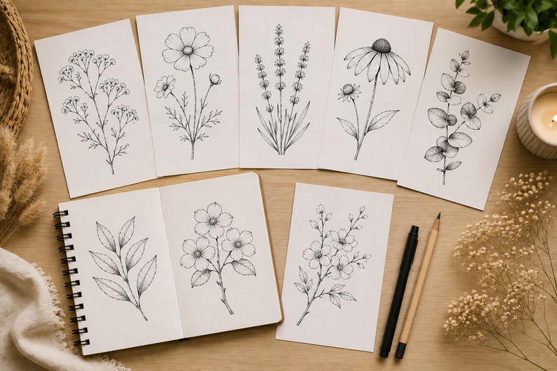 Puede incluir: Ilustraciones de arte lineal bot&aacute;nico de flores y follaje en tinta negra sobre papel blanco. La imagen incluye un cuaderno de espiral y tarjetas individuales. Tambi&eacute;n hay un l&aacute;piz y un bol&iacute;grafo.